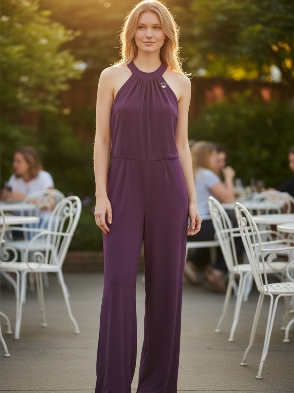 Julia Jordan Plum Halter-Neck Wide-Leg Jumpsuit